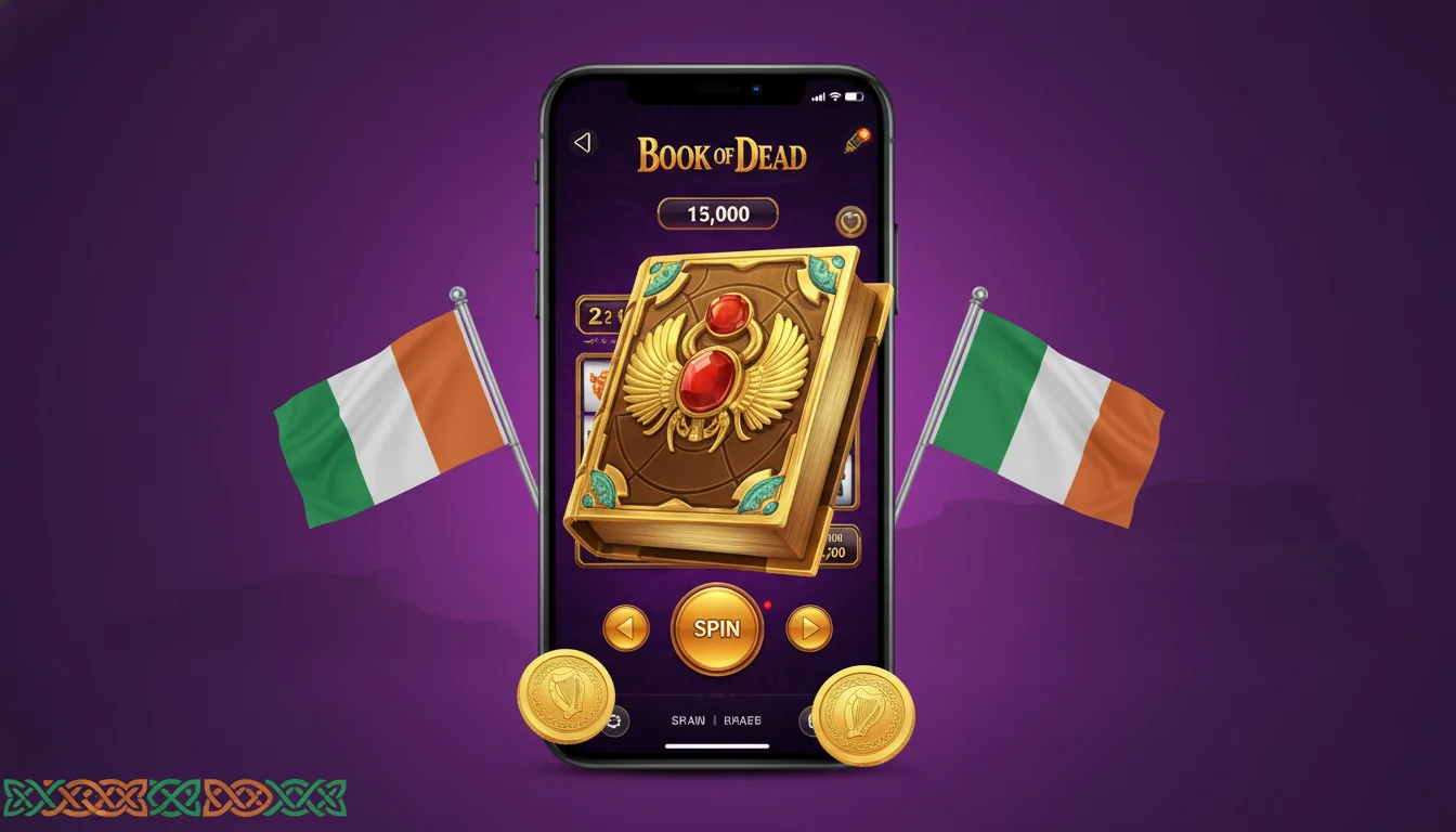 Mobile casino lobby on an iPhone home screen with Book Of Dead tile featured in the Play'n GO slots row