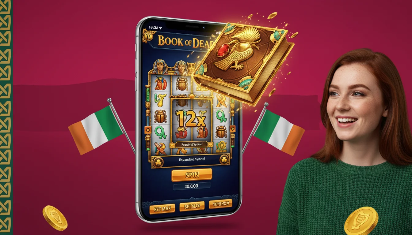 Book Of Dead game interface showing the 5x3 reel grid, paytable strip, line selector and spin button with Rich Wilde symbol visible on the r