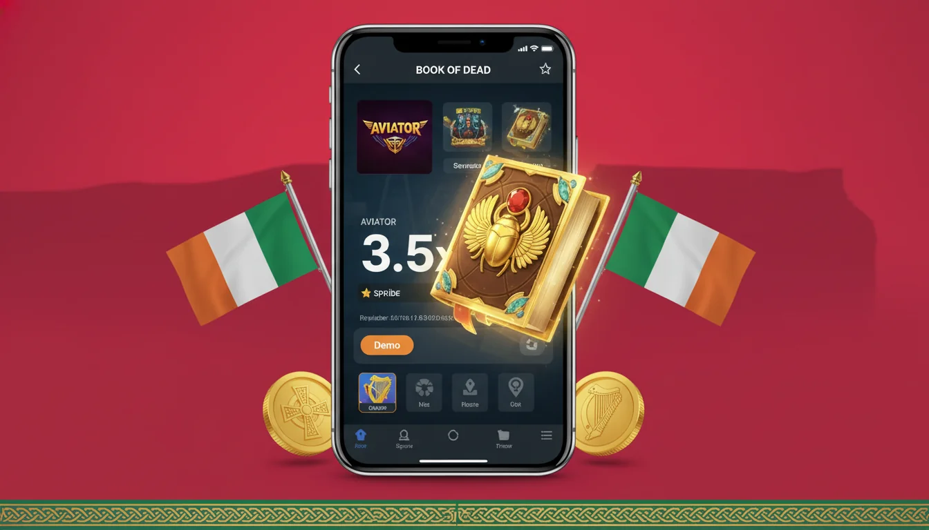 Book Of Dead loading inside an Irish casino mobile app with bet panel, paylines selector and gamble button visible